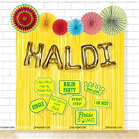 Haldi Foil Balloon and Paper Fan Curtain Kit with Photo Props