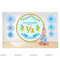 Half Birthday Backdrop and paper Fan Kit  ( blue)
